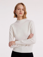 a lady in a white wool sequins seamless mock neck sweater